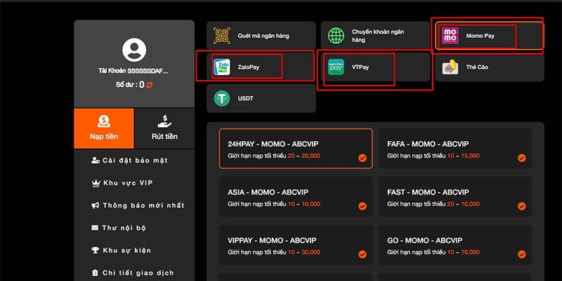 Quy trình nạp tiền Winvn qua ví điện tử